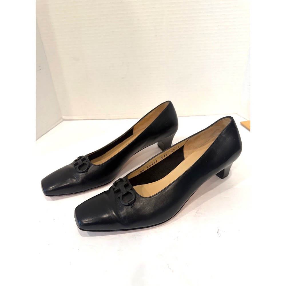 Salvatore Ferragamo Black  Leather Gancini Square Toe Pumps 6.5D